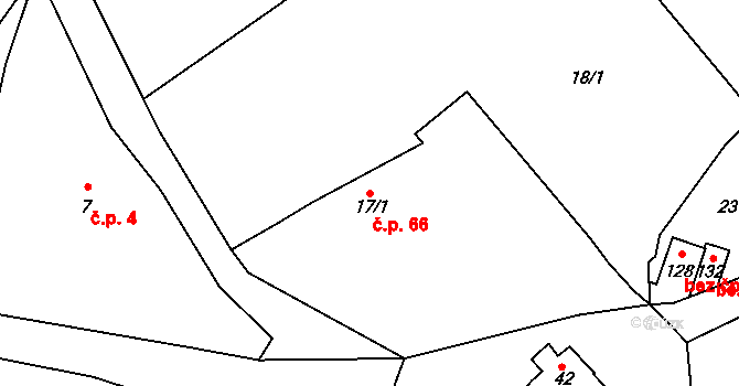 Bohdašín 66, Červený Kostelec na parcele st. 17/1 v KÚ Bohdašín nad Olešnicí, Katastrální mapa