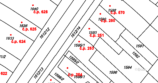 Hustopeče 253 na parcele st. 1595/1 v KÚ Hustopeče u Brna, Katastrální mapa