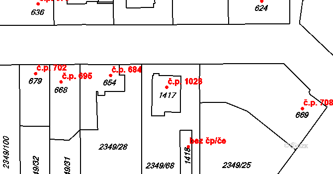 Hrušovany nad Jevišovkou 1028 na parcele st. 1417 v KÚ Hrušovany nad Jevišovkou, Katastrální mapa