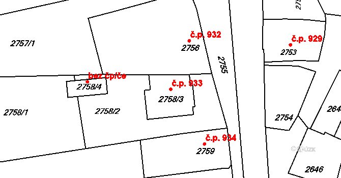Rakšice 933, Moravský Krumlov na parcele st. 2758/3 v KÚ Moravský Krumlov, Katastrální mapa