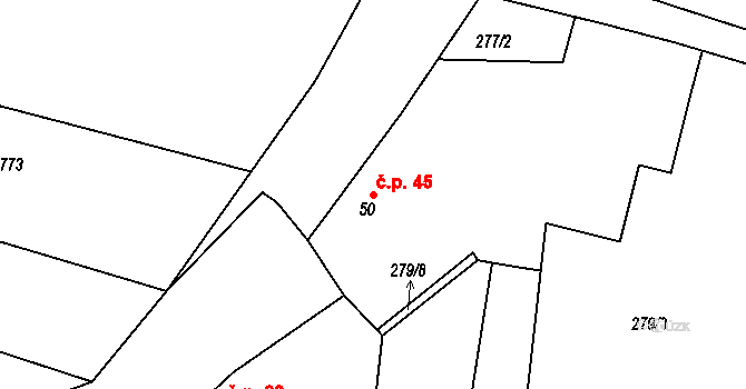 Přibyslavice 45, Vlkaneč na parcele st. 50 v KÚ Přibyslavice u Vlkanče, Katastrální mapa