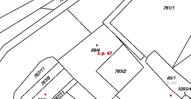 Tyra 47, Třinec na parcele st. 86/4 v KÚ Tyra, Katastrální mapa