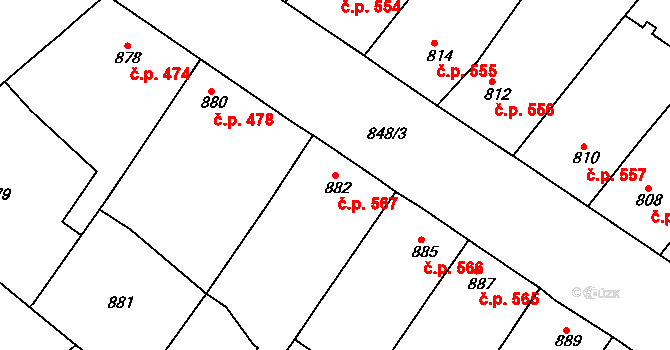 Moravský Písek 567 na parcele st. 882 v KÚ Moravský Písek, Katastrální mapa