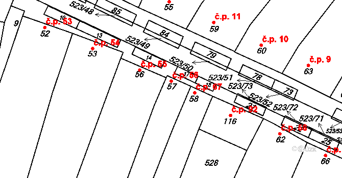 Karolín 56 na parcele st. 57 v KÚ Karolín u Sulimova, Katastrální mapa