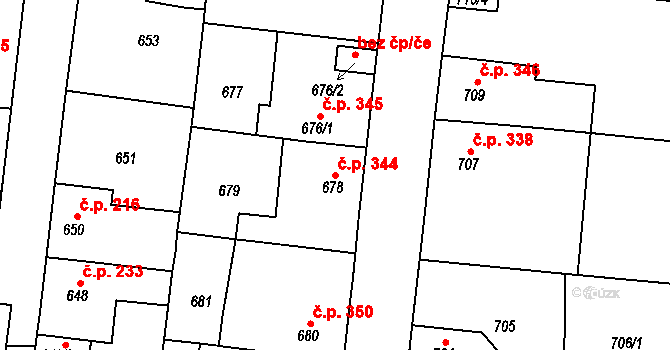 Tuchlovice 344 na parcele st. 678 v KÚ Tuchlovice, Katastrální mapa