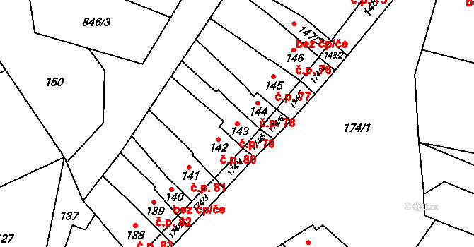 Charváty 79 na parcele st. 143 v KÚ Charváty, Katastrální mapa