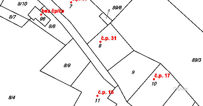 Dlažkovice 31 na parcele st. 8 v KÚ Dlažkovice, Katastrální mapa