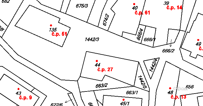 Petrašovice 27, Bílá na parcele st. 44 v KÚ Petrašovice, Katastrální mapa