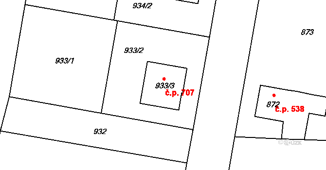 Paskov 707 na parcele st. 933/3 v KÚ Paskov, Katastrální mapa