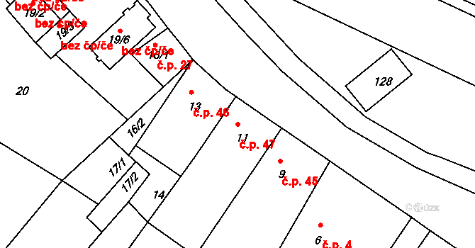 Pesvice 47 na parcele st. 11 v KÚ Pesvice, Katastrální mapa