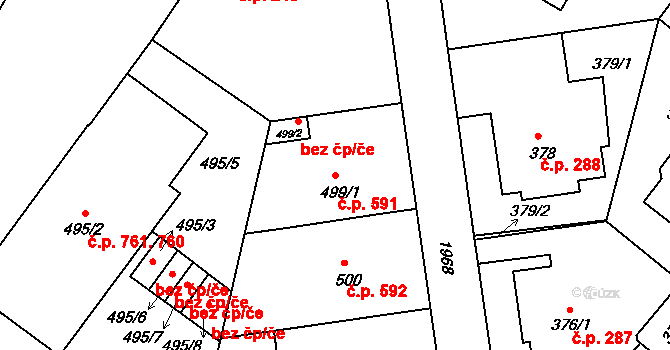 Podolí 591, Praha na parcele st. 499/1 v KÚ Podolí, Katastrální mapa