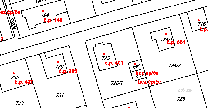 Liberec VII-Horní Růžodol 401, Liberec na parcele st. 725 v KÚ Horní Růžodol, Katastrální mapa