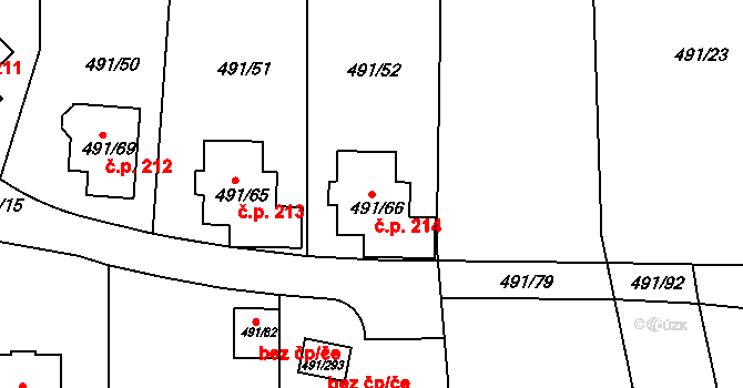 Kanice 214 na parcele st. 491/66 v KÚ Kanice, Katastrální mapa