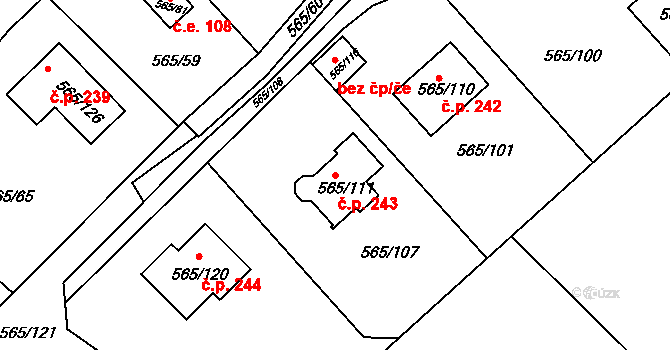 Kanice 243 na parcele st. 565/111 v KÚ Kanice, Katastrální mapa