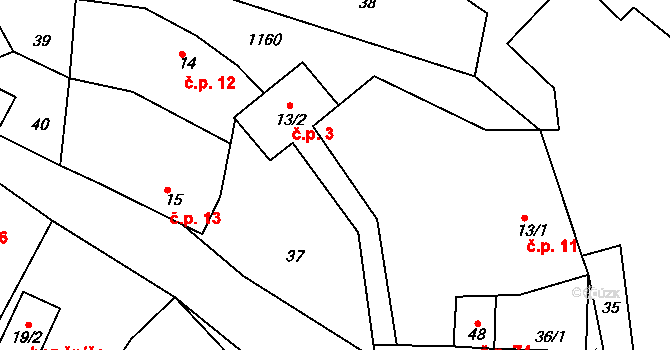 Bartoušov 3 na parcele st. 13/2 v KÚ Bartoušov, Katastrální mapa