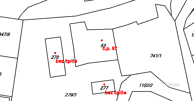 Klení 67, Benešov nad Černou na parcele st. 53 v KÚ Klení, Katastrální mapa