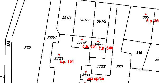 Suchdol nad Lužnicí 831 na parcele st. 380/5 v KÚ Suchdol nad Lužnicí, Katastrální mapa