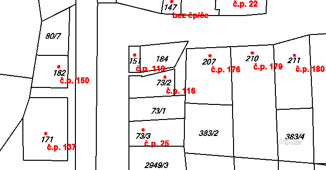 Drysice 116 na parcele st. 73/2 v KÚ Drysice, Katastrální mapa