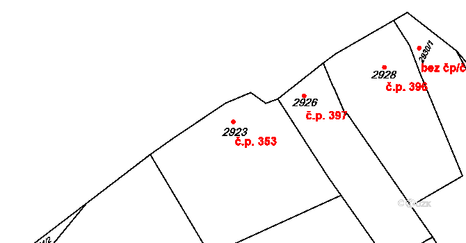Buchlovice 353 na parcele st. 2923 v KÚ Buchlovice, Katastrální mapa