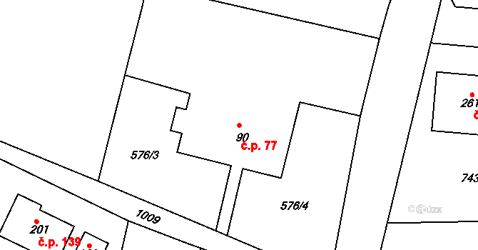 Lužice 77 na parcele st. 90 v KÚ Lužice u Mostu, Katastrální mapa