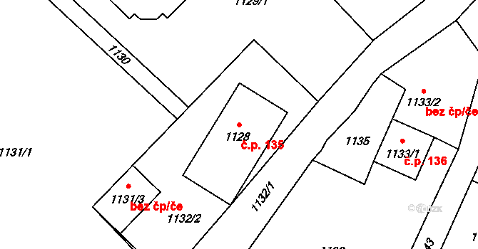 Rapotín 135 na parcele st. 1128 v KÚ Rapotín, Katastrální mapa