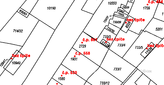 Bílé Předměstí 591, Pardubice na parcele st. 2729 v KÚ Pardubice, Katastrální mapa