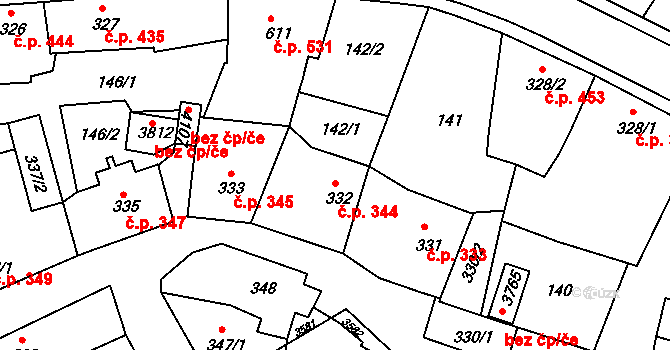 Humpolec 344 na parcele st. 332 v KÚ Humpolec, Katastrální mapa