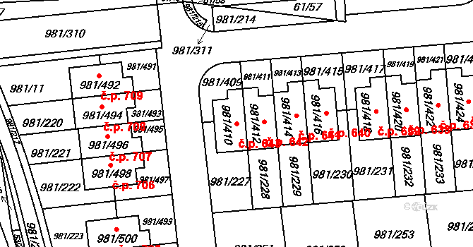 Písnice 643, Praha na parcele st. 981/410 v KÚ Písnice, Katastrální mapa