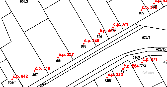 Hrušky 346 na parcele st. 899 v KÚ Hrušky, Katastrální mapa