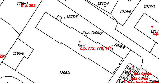 Valtice 770,771,772 na parcele st. 1203 v KÚ Valtice, Katastrální mapa