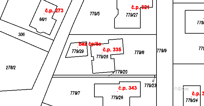 Zápy 335 na parcele st. 779/28 v KÚ Zápy, Katastrální mapa