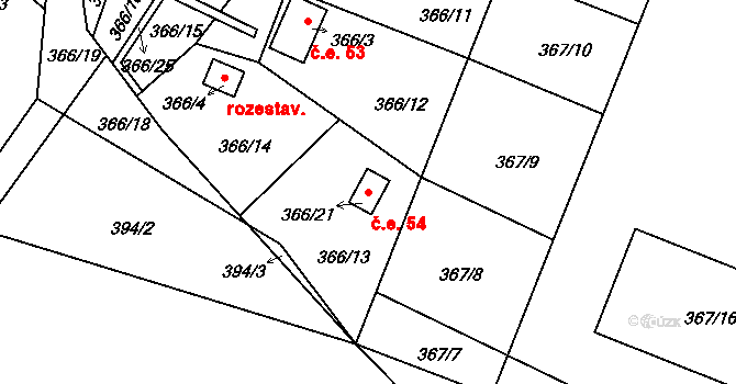 Pávov 54, Jihlava na parcele st. 366/21 v KÚ Pávov, Katastrální mapa