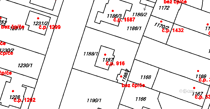 Čelákovice 916 na parcele st. 1187 v KÚ Čelákovice, Katastrální mapa