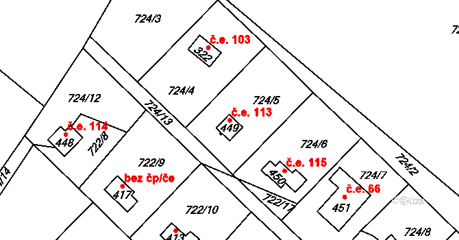 Měřín 113, Rabyně na parcele st. 449 v KÚ Blaženice, Katastrální mapa