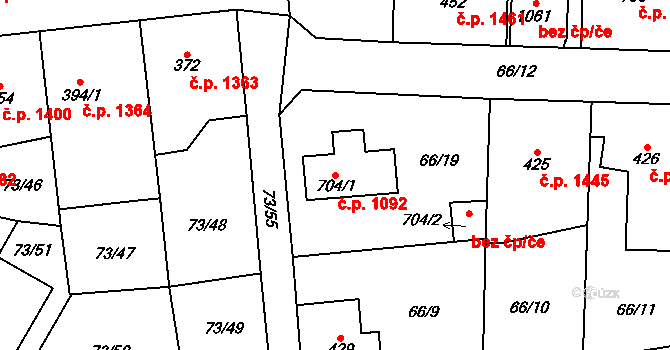 Švermov 1092, Kladno na parcele st. 704/1 v KÚ Hnidousy, Katastrální mapa