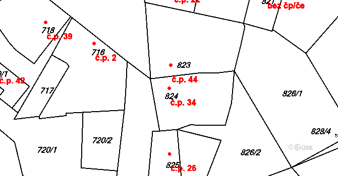 Krasetín 34, Holubov na parcele st. 824 v KÚ Holubov, Katastrální mapa