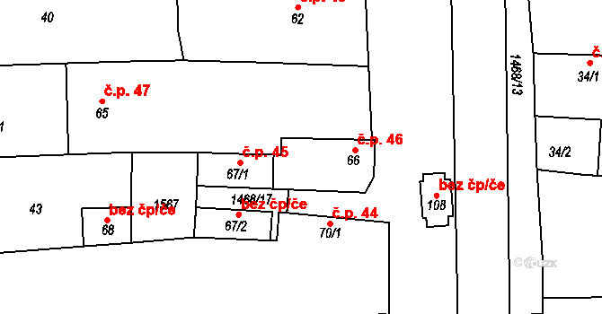 Křesín 46 na parcele st. 66 v KÚ Křesín, Katastrální mapa