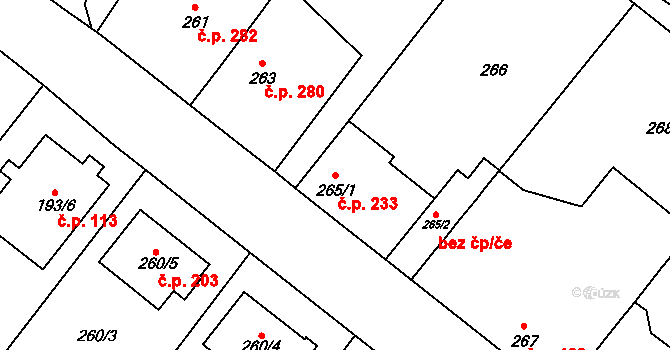 Milovice 233 na parcele st. 265/1 v KÚ Milovice nad Labem, Katastrální mapa