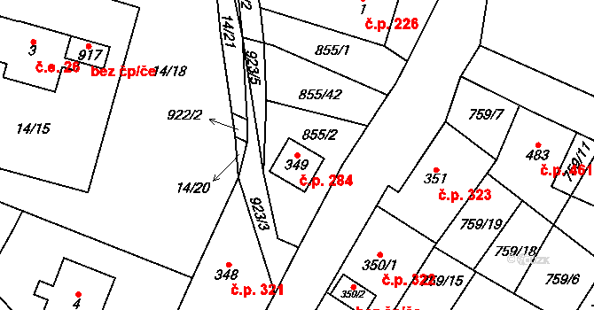 Kovářská 284 na parcele st. 349 v KÚ Kovářská, Katastrální mapa