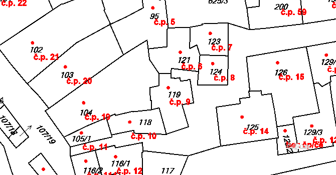 Zámostí 9, Třebíč na parcele st. 119 v KÚ Podklášteří, Katastrální mapa