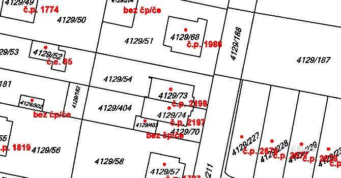 Horní Počernice 2198, Praha na parcele st. 4129/73 v KÚ Horní Počernice, Katastrální mapa