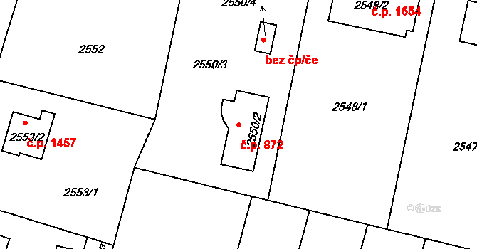 Braník 872, Praha na parcele st. 2550/2 v KÚ Braník, Katastrální mapa