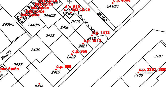 Chomutov 1413 na parcele st. 2421 v KÚ Chomutov I, Katastrální mapa