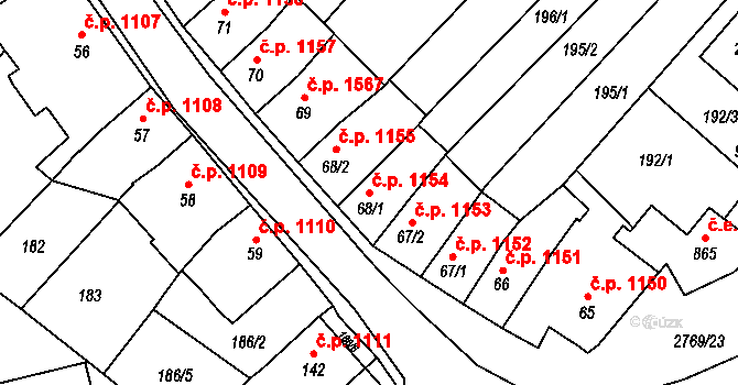 Ivančice 1154 na parcele st. 68/1 v KÚ Kounické Předměstí, Katastrální mapa