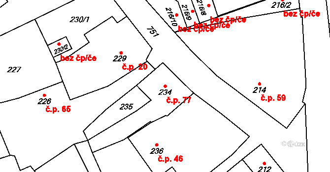 Červený Hrádek 77, Plzeň na parcele st. 234 v KÚ Červený Hrádek u Plzně, Katastrální mapa