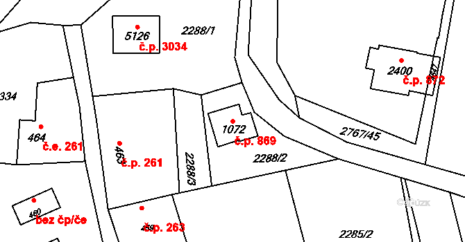 Rožnov pod Radhoštěm 869 na parcele st. 1072 v KÚ Rožnov pod Radhoštěm, Katastrální mapa