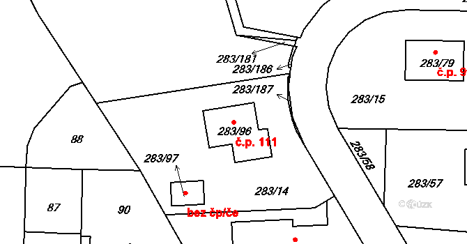 Zahořany 111, Králův Dvůr na parcele st. 283/96 v KÚ Zahořany u Berouna, Katastrální mapa