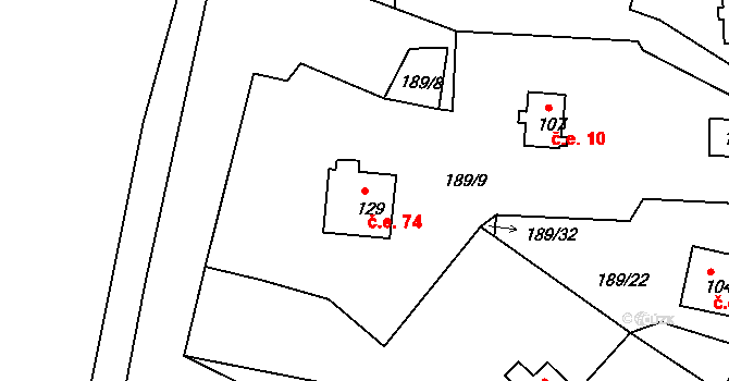 Mradice 74, Postoloprty na parcele st. 129 v KÚ Mradice, Katastrální mapa