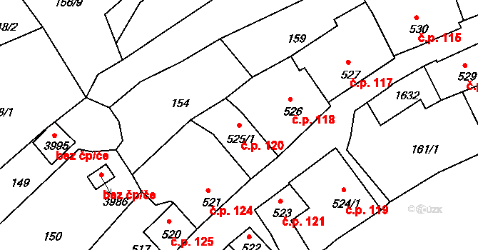 Plešivec 120, Český Krumlov na parcele st. 525/1 v KÚ Český Krumlov, Katastrální mapa