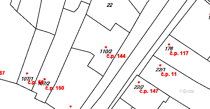 Budišov 144 na parcele st. 110/2 v KÚ Budišov, Katastrální mapa